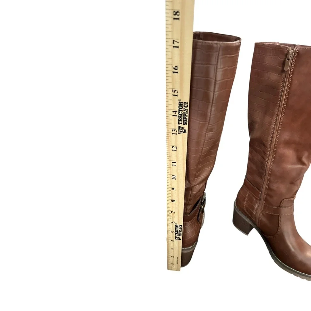 Brown Faux Leather Knee High‎ Boots Women's Buckle Detail Crocodile Embossed